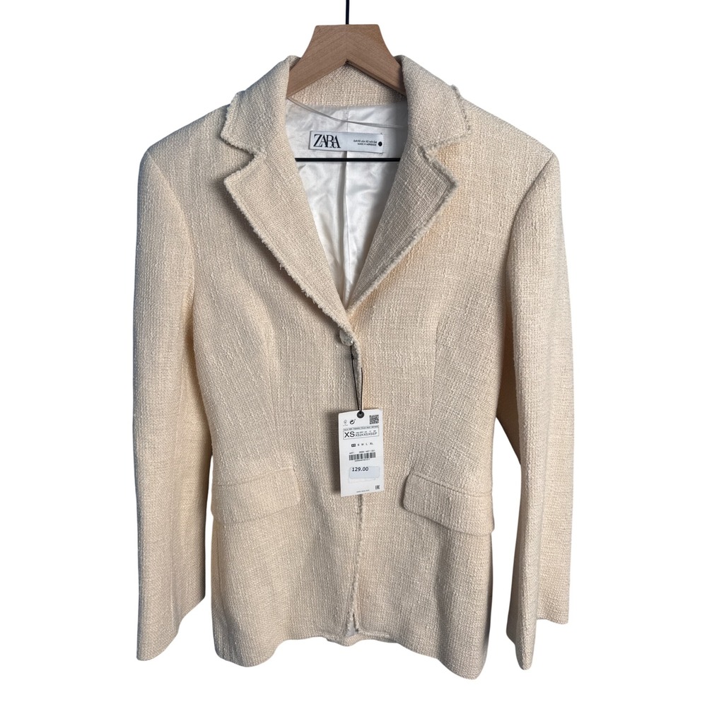 ZARA Oyster Tweed Blazer NWT Pearl Button Old Money Coquette Aesthetic Jacket XS